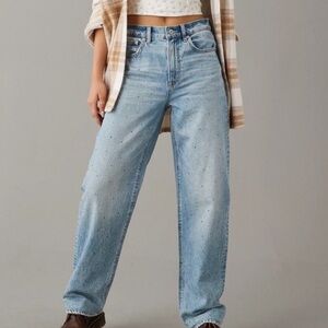 American Eagle Strigid Embellishment Super High Rise Baggy Straight Jeans